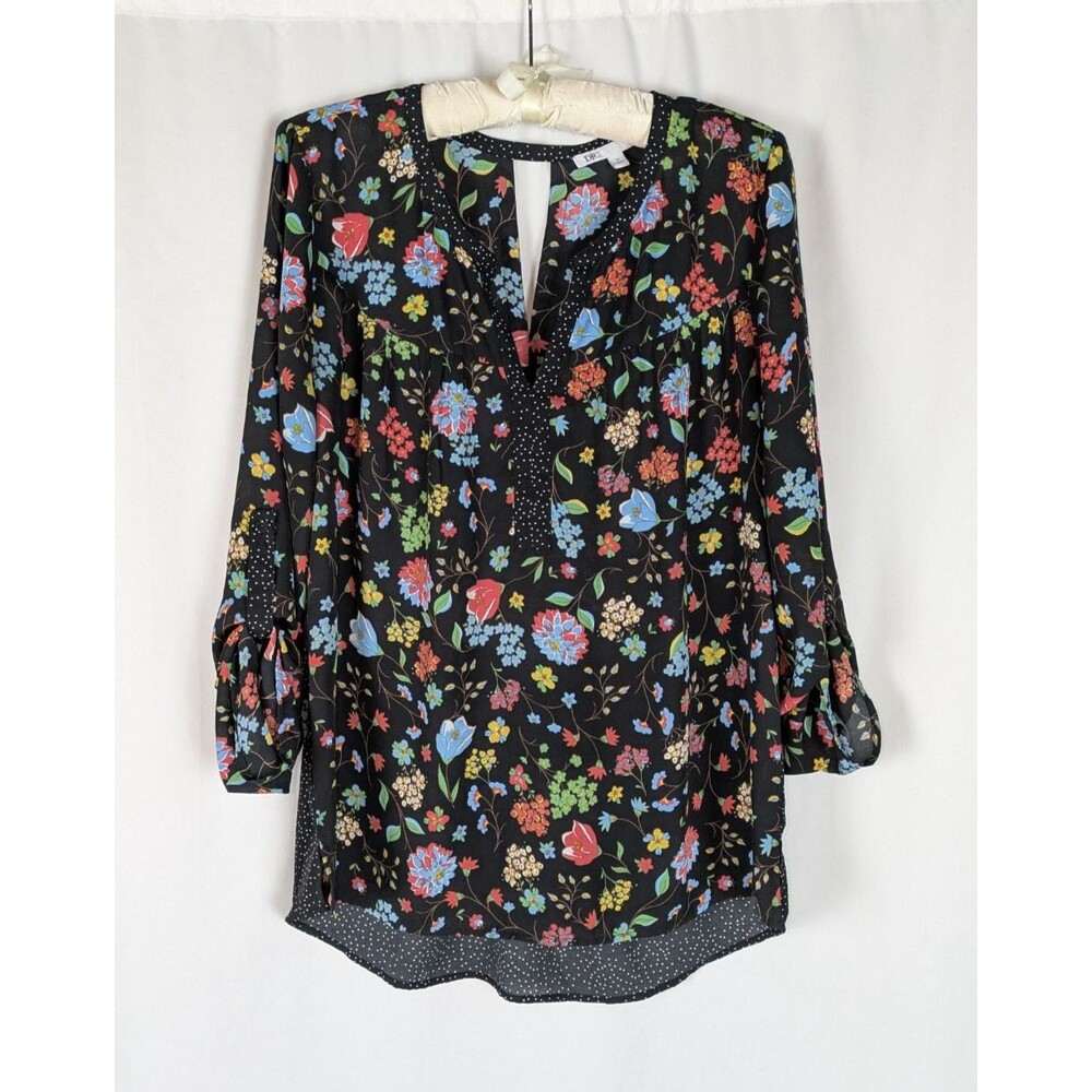 DR2 Mixed Media Floral Polka Dot Split Neck Blouse Size M Roll Tab Sleeve
